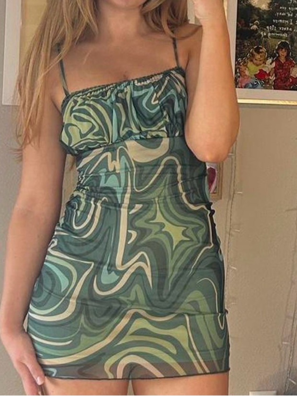 Princess Polly Green Swirl Print Spaghetti Strap Mini Dress